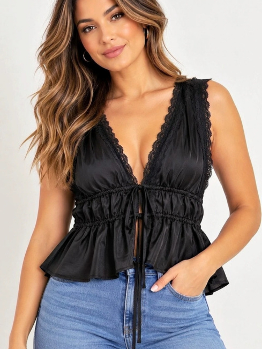 WAYF Beatrix Lace Trim Peplum Top Black Size Medium